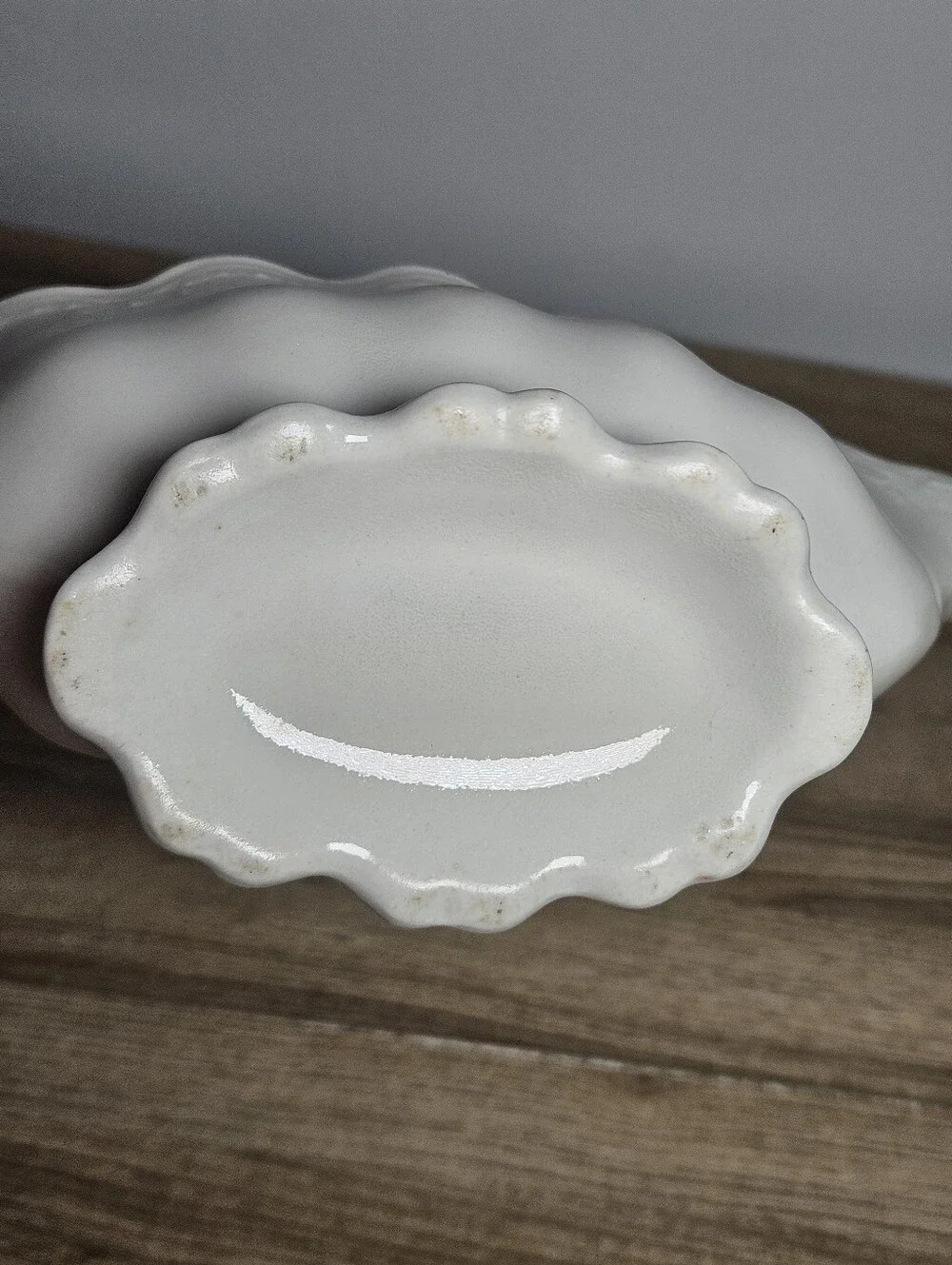Vintage White Ceramic Gravy Boat Scalloped Embossed Scroll Handle Unmarked